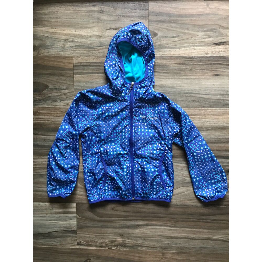 Columbia Girls Blue Stars Dots Flowers Hooded Rain Jacket